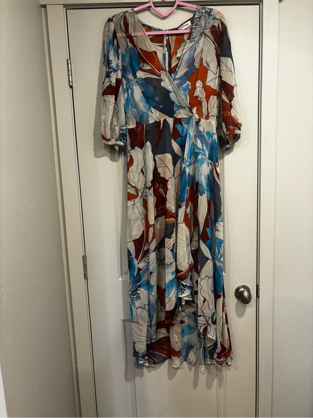 Calvin Klein Blue, Rust & Cream Floral High-Low Wrap Dress